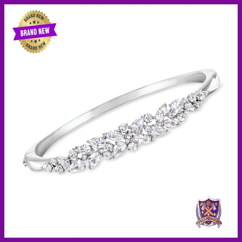 Rhodium-Plated Floral Bangle Bracelet with Cubic Zirconia Stones